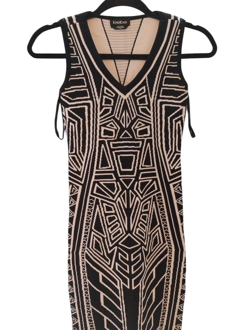 bebe Black & Cream Geometric Knit Bodycon Bandage Dress SZ XS - Picture 2 of 6